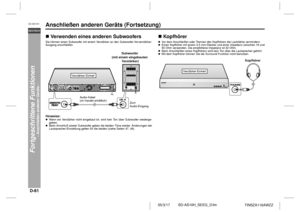 Page 72D-61
SD-AS10H_SEEG_D.fm 05/3/17
DEUTSCH
TINSZA116AWZZ
SD-AS10H
Fortgeschrittene Funktionen
- Anschließen anderen Geräts -
Anschließen anderen Geräts (Fortsetzung)!Verwenden eines anderen Subwoofers  Sie können einen Subwoofer mit einem Verstärker an den Subwoofer-Vorverstärker-
Ausgang anschließen.
 Hinweise:Wenn ein Verstärker nicht eingebaut ist, wird kein Ton über Subwoofer wiederge-
geben.
Beim Anschluß zweier Subwoofer geben die beiden Töne wieder. Änderungen der
Lautsprecher-Einstellung gelten für...