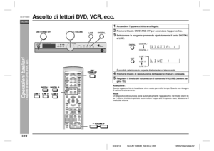 Page 19I-19
SD-AT1000H_SEEG_I.fm 03/3/14
SD-AT1000HITALIANO
TINSZ0943AWZZ
Operazioni basilari
- Ascolto di lettori DVD, VCR, ecc. -
Ascolto di lettori DVD, VCR, ecc.  
Attenzione:Questo apparecchio si riscalda se viene usato per molto tempo. Questo non è segno
di cattivo funzionamento.Nota:Un dispositivo di sicurezza pone automaticamente lapparecchio nel modo stand by
se il volume è stato impostato su un valore troppo alto. In questo caso, abbassare il
livello del volume.1
Accendere lapparecchiatura collegata....