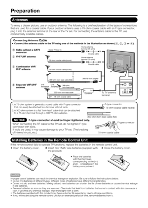 Page 1210
Antennas
To enjoy a clearer picture, use an outdoor antenna. The following is a brief explanation of the types of connections 
that are used for a coaxial cable. If your outdoor antenna uses a 75-ohm coaxial cable with an F-type connector, 
plug it into the antenna terminal at the rear of the TV set. For connecting the antenna cable to the TV, use 
commercially available cables.
300-ohm twin-lead cable 75-ohm coaxial cable (round)
75-ohm coaxial cableINOUT
300-ohm
twin-lead cable VHFANTENNAUHF...