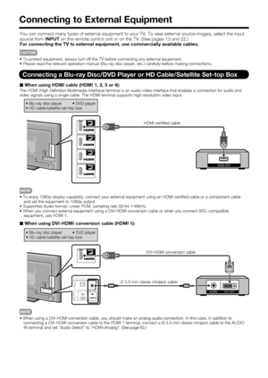 Page 16
14
Connecting to External Equipment
You can connect many types of external equipment to your TV. To view ext\
ernal source images, select the input 
source from INPUT on the remote control unit or on the TV. (See pages 13 and 22.)
For connecting the TV to external equipment, use commercially available \
cables.
CAUTION
• To protect equipment, always turn off the TV before connecting any exter\
nal equipment.
• Please read the relevant operation manual (Blu-ray disc player, etc.) \
carefully before...