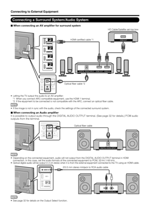 Page 18
16
Connecting to External Equipment
Connecting a Surround System/Audio System
■ When connecting an AV ampliﬁ
 er for surround system
DIGITAL AUDIO INPUTOPTICALHDMI IN
HDMI OUT
HDMI OUTHDMI-certiﬁed cable *1 HD Cable/Satellite set-top box
Optical ﬁber cable *2
•  Letting the TV output the audio to an AV ampliﬁ er: *1 When you connect ARC-compatible equipment, use the HDMI 1 terminal.
*2 If the equipment to be connected is not compatible with the ARC, connect\
 an optical ﬁ ber cable.
•  If the image is...