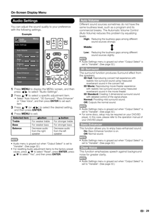 Page 3129
On-Screen Display Menu
Audio Settings
You can adjust the sound quality to your preference 
with the following settings.
Example
[Off]Clear Voice
MenuAudio
Settings
Auto Volume
[Off]
Bass[0]a15
b15
Treble[0]a15b15
Balance[    0] L
R
3D Surround[Off]
Bass Enhancer[On]
Reset Audio Settings
1 Press MENU to display the MENU screen, and then 
press
c/
d to select "Audio Settings".
2 Press 
a/
b to select a speciﬁ c adjustment item.•  Select "Auto Volume", "3D Surround", "Bass...