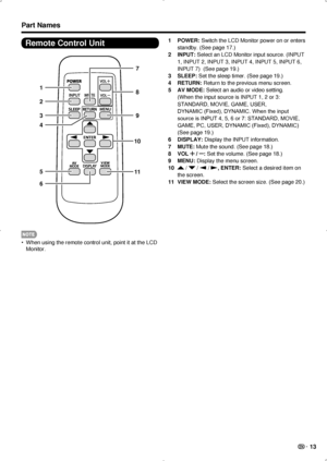 Page 15 13
Remote Control Unit
1
2
39
11
10
7
8
5
6
4
When using the remote control unit, point it at the LCD 
• 
Monitor.
Part Names
1  POWER: Switch the LCD Monitor power on or enters 
standby. (See page 17.)
2  INPUT: Select an LCD Monitor input source. (INPUT 
1, INPUT 2, INPUT 3, INPUT 4, INPUT 5, INPUT 6, 
INPUT 7)  (See page 19.)
3  SLEEP: Set the sleep timer. (See page 19.)
4  RETURN: Return to the previous menu screen.
5  AV MODE: Select an audio or video setting.   
(When the input source is INPUT 1,...