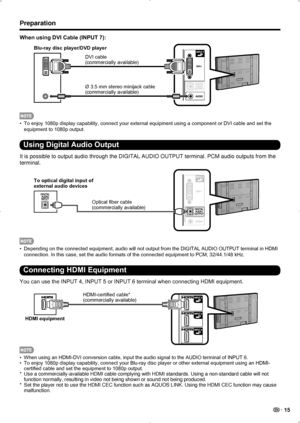 Page 17 15
Preparation
When using DVI Cable (INPUT 7):
DVI cable 
(commercially available)
Ø 3.5 mm stereo minijack cable 
(commercially available)
Blu-ray disc player/DVD player
To enjoy 1080p display capability, connect your external equipment using a component or DVI cable and set the 
• 
equipment to 1080p output.
Using Digital Audio Output
It is possible to output audio through the DIGITAL AUDIO OUTPUT terminal\
. PCM audio outputs from the 
terminal.
To optical digital input of 
external audio devices...