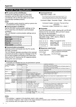 Page 32 30
Appendix
RS-232C Port Specifications
PC control of the LCD Monitor
 
■
Connect the COM port of the PC (RS-232C 
connector) and the RS-232C terminal of the 
LCD Monitor with an RS-232 cable (cross-type, 
commercially-available product).
This operation system should be used by a person who 
• 
is accustomed to using computers.
Communication conditions
 
■
Set the RS-232C communication settings on the 
PC to match the LCD Monitor’s communication 
conditions.
The LCD Monitor’s communication settings are...