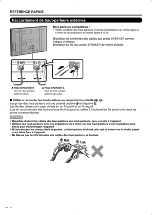 Page 42 8
RÉFÉRENCE RAPIDE
Raccordement de haut-parleurs externes
Haut-parleurs compatibles :
Veillez à utiliser des haut-parleurs externes d’impédance au mo\
ins égale à  
• 
4 ohms et de puissance au moins égale à 15 W.
Branchez les extrémités des câbles aux prises SPEAKER comme 
indiqué ci-dessus.
Branchez les fils aux prises SPEAKER de même polarité.
R L
Prise SPEAKER R
Vers le haut-parleur 
externe (droit) Prise SPEAKER L
Vers le haut-parleur 
externe (gauche)
Veillez à raccorder les haut-parleurs en...