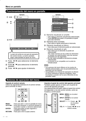 Page 88ES 22
Menú en pantalla
Funcionamiento del menú en pantalla
Ejemplo
Imagen
Contraste OPC
Brillo
Color
Matiz
Nitidez
Av anzado
Reiniciar
Luz trasera
En.En : V isualiza.Ap.
[+30]
[    0]
[    0]
[    0]
[  +2] 0
-30
-30
-30
-10 +40
+30
+30
+30
+10
[+12]
-16 +16
ENTER: Seleccionar
: IntroducirMENU: FinRETURN: Anterior
La barra de arriba es una guía de operación 
del control remoto. La barra cambiará 
según cada pantalla de ajuste de menú.
  Pulse   /  para seleccionar el elemento 
deseado.
  Pulse  /  para...