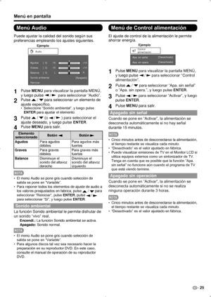 Page 91ES 25
Menú en pantalla
Menú Audio
Puede ajustar la calidad del sonido según sus 
preferencias empleando los ajustes siguientes.
Ejemplo
Audio
Agudos
Graves
Balance
Sonido ambiental
Reiniciar [Apagado]
-15
L +15
[  0]
[  0]
[  0]-15
+15
R
1 
Pulse MENU para visualizar la pantalla MENÚ, 
y luego pulse 
 /   para seleccionar “Audio”.
2 Pulse  /  para seleccionar un elemento de 
ajuste específico.
Seleccione “Sonido ambiental”, y luego pulse 
• 
ENTER para ajustar el elemento.
3  Pulse  /  (o  /  ) para...