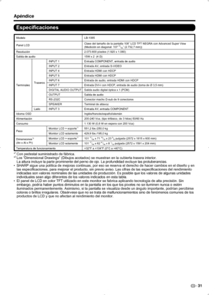 Page 97ES 31
Especificaciones
ModeloLB-1085
Panel LCD Clase del tamaño de la pantalla 108˝ LCD TFT NEGRA con Advanced Super View
(Medición en diagonal: 107 
37/64˝ (2.732,7 mm))
Resolución 2.073.600 píxeles (1.920 x 1.080)
Salida de audio 15W x 2  (4 Ω)
Terminales TraserosINPUT 1
Entrada COMPONENT, entrada de audio
INPUT 2 Entrada AV, entrada S-VIDEO
INPUT 4 Entrada HDMI con HDCP
INPUT 5 Entrada HDMI con HDCP
INPUT 6 Entrada de audio, entrada HDMI con HDCP
INPUT 7 Entrada DVI-I con HDCP, entrada de audio (toma...