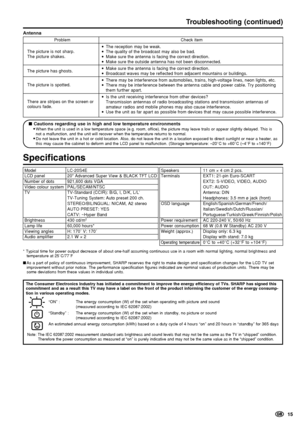 Page 17    15
Antenna
Specifications
    15
Troubleshooting (continued)
Problem Check item
• The reception may be weak.
• The quality of the broadcast may also be bad.
• Make sure the antenna is facing the correct direction.
• Make sure the outside antenna has not been disconnected.
•Make sure the antenna is facing the correct direction.
• Broadcast waves may be reflected from adjacent mountains or buildings.
•There may be interference from automobiles, trains, high-voltage lines, \
neon lights, etc.
• There...