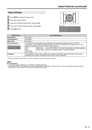 Page 13
  

 

Setup Settings
 Press MENU to display the Menu screen.
2	 Press	◀/▶	to	select	 “Setup”.
3	 Press	▲/▼	to	select	the	desired	item,	and	press	OK.
4	 Press	▲/▼	to	select	the	desired	mode,	and	press	OK.
5 Press END to exit.
Selected itemChoice/Description
ProgrammesSee page 12.
First installationSee page 8.
Wide modeSee page 13.
EXT connections It is possible to manually adjust various settings for connections with external devices on the “EXT connections” screen. Select the...