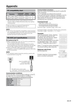 Page 29
GB -27

Appendix
PC compatibility chart
ResolutionHorizontal FrequencyVertical FrequencyVESA Standard
VGA640 × 48031.5 kHz60 Hz
SVGA*800 × 60037.9 kHz60 Hz
*  We recommend that the output setting from the PC 
be set to VGA as SVGA will produce less than optimal viewing quality.
VGA and SVGA are registered trademarks of International Business Machines Co., Inc.
NOTEThis TV has only limited PC compatibility, correct operation can only be guaranteed if the video card conforms exactly to the VESA 60Hz...