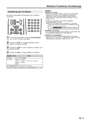 Page 16    15
Nützliche Funktionen (Fortsetzung)
Einstellung des Ton-Modus
Sie können verschiedene Einstellungen des Ton-Modus
vornehmen.
   
Führen Sie die Schritte 1 und 2 in Toneinstellungen
aus, um das Tonmenü anzuzeigen.
Drücken Sie '/", um den gewünschten Punkt zu
wählen, und drücken Sie OK.
Drücken Sie '/", um den Ton-Modus zu wählen, und
drücken Sie OK.
Drücken Sie END, um diese Anzeige zu verlassen.1
4
3
2
Gewählter Punkt
Ton über
Ton Lautsp.
AV-Ausgangston
Basisverbreiterung
Wahl
TV...