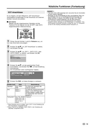 Page 20    19
Nützliche Funktionen (Fortsetzung)
1
4
5
EXT-Anschlüsse
Es ist möglich, mit dem Bildschirm „EXT-Anschlüsse“
verschiedene Einstellungen für den Anschluss von externen
Geräten manuell einzustellen.
■ EXT1/EXT2
Wählen Sie den angemessenen Signaltyp und die
Farbnorm für die Signale von der an EXT1 oder EXT2
angeschlossenen Videoausrüstung.
Führen Sie die Schritte 1 und 2 in Rotieren aus, um
das Einst.menü anzuzeigen.
Drücken Sie '/", um „EXT-Anschlüsse“ zu wählen,
und drücken Sie OK.
Drücken...