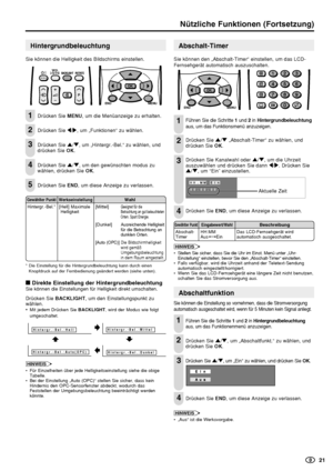 Page 22    21
Nützliche Funktionen (Fortsetzung)
Hintergrundbeleuchtung
Sie können die Helligkeit des Bildschirms einstellen.
    
Drücken Sie MENU, um die Menüanzeige zu erhalten.
Drücken Sie \/|, um „Funktionen“ zu wählen.
Drücken Sie '/", um „Hintergr.-Bel.“ zu wählen, und
drücken Sie OK. 
Drücken Sie '/", um den gewünschten modus zu
wählen, drücken Sie OK.
Drücken Sie END, um diese Anzeige zu verlassen.
*Die Einstellung für die Hintergrundbeleuchtung kann durch einen
Knopfdruck auf der...