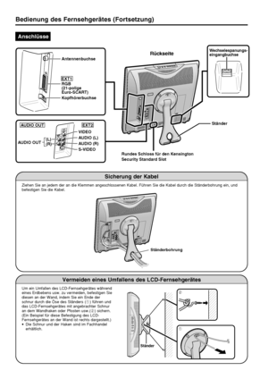 Page 98  
Bedienung des Fernsehgerätes (Fortsetzung)
Anschlüsse
Ständer
Wechselespanungs-
eingangbuchse
Rundes Schloss für den Kensington 
Security Standard Slot
Rückseite
Antennenbuchse
EXT1
Kopfhörerbuchse
RGB
(21-polige
Euro-SCART)
AUDIO OUT
AUDIO OUTEXT2
(L)
(R)VIDEO
AUDIO (L)
AUDIO (R)
S-VIDEO
Sicherung der Kabel
Ziehen Sie an jedem der an die Klemmen angeschlossenen Kabel. Führen Sie die Kabel durch die Ständerbohrung ein, und
befestigen Sie die Kabel.
Vermeiden eines Umfallens des LCD-Fernsehgerätes
Um...