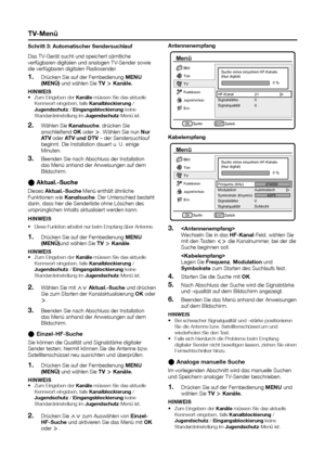 Page 16tV-Menü
Schritt 3: automatischer Sendersuchlauf
Das	TV-Gerät	sucht	und	speichert	sämtliche	
verfügbaren	digitalen	und	analogen	TV-Sender	sowie	
die	verfügbaren	digitalen	Radiosender.
1� Drücken	Sie	auf	der	Fernbedienung	Menu (MenÜ)	und	wählen	Sie	tV	≥ Kanäle�
hInWeIS
•	 Zum	Eingeben	der	Kanäle	müssen	Sie	das	aktuelle	
Kennwort	eingeben,	falls	Kanalblockierung	/	
Jugendschutz	/	eingangsblockierung	keine	
Standardeinstellung	im	Jugendschutz-Menü	ist.
2� Wählen	Sie	Kanalsuche,	drücken	Sie	
anschließend	OK...