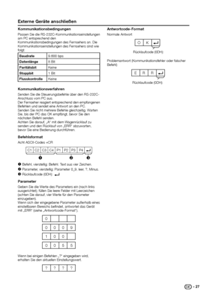 Page 29 externe Geräte anschließen
Kommunikationsbedingungen
Passen	Sie	die	RS-232C-Kommunikationseinstellungen	
am	PC	entsprechend	den	
Kommunikationsbedingungen	des	Fernsehers	an.	Die	
Kommunikationseinstellungen	des	Fernsehers	sind	wie	
folgt:
Baudrate 9.600	bps
datenlänge 8	Bit
Paritätsbit Keine
Stoppbit 1	Bit
Flusskontrolle Keine
Kommunikationsverfahren
Senden	Sie	die	Steuerungsbefehle	über	den	RS-232C-
Anschluss	vom	PC	aus.
Der	Fernseher	 reagiert	entsprechend	 den	empfangenen	
Befehlen	und	sendet	eine...