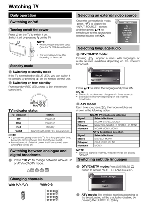 Page 12Watching TV
Selecting language audio
  EDTV/CADTV mode:
Pressing 2  appear a menu with languages or 
audio sources availables depending on the received 
broadcast.
Press a/b to select the language and press OK.
NOTE
•  The audio mode screen disappears in three seconds.
•  Selectable items vary depending on the received 
broadcasts.
  EATV mode:
Each time you press 2, the mode switches as 
shown in the following tables.
NICAM TV broadcasts selection
Signal Selectable items
Stereo
NICAM STEREO, MONO...