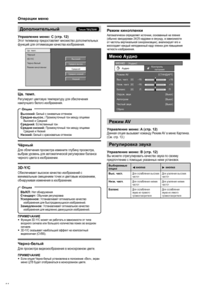 Page 16
Операции меню
Дополнительный
Управление  меню : C (стр. 12)
Этот  телевизор  предоставляет  множество  дополнительных  
функций  для  оптимизации  качества  изображения .
Цв. т\fмп.
Чёрный
3D-Y/C
Ч\fрно-б\fлый
Р\fж\bм к\bнопл\fнк\b Высок\bй
Ср\fдн\f-высок. Ср\fдн\bй
Ср\fдн\f-н\bзк\bй Н\bзк\bй
Цв. темп .
Регулирует  цветовую  температуру  для  обеспечения  
наилучшего  белого  изображения .
Режим кинопленки
Автоматически  определяет  источник , основанный  на  пленке  
( обычно  закодирован  24/25...