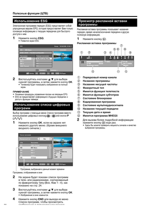 Page 32
Полезные функции  (ЦТВ )
Использование  ESG
Электронная программа  передач  (ESG) представляет  собой  
упрощенную  версию  EPG, которая  предоставляет  Вам  только  
основную  информацию  о  текущих  передачах  для  быстрого  
доступа  к  ним .
Нажмите  кнопку  ESG .
• Появится  экран  ESG.
ESG
П\fог\fаммы Те\bущая п\fог\fамма 070 BBC News
07:00 – 07:30 The Bold and Beautiful
BBC News The Bold and Beautiful ***
***
***
BBC 1
BBC 2
CBBC Channel
Ст\fаница 
lСт\fаница k
Выбо\fi+ENDOKDTV MENURADIOТВ/Радио...