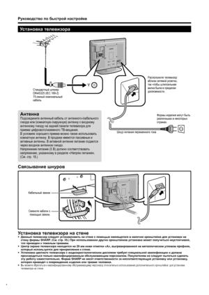 Page 6
Установка телевизора
Руководство  по  быстрой  настройке
Связывание  шнуров
Установка  телевизора  на  стене•   Данный  телевизор  следует  устанавливать  на  стене  с  помощью  имеющегося  в  наличии  кронштейна  для  установки  на  
стену  фирмы  SHARP. ( См. стр . 35.)  При использовании  других  кронштейнов  установка  может  получиться  неустойчивой , 
что  приведен  к  тяжелым  травмам .
•   Центр  экрана  телевизора  находится  на  29  мм ниже  отметки  «A», выгравированной  на  металлическом...