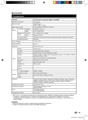 Page 27 Допълнение
Позиция
42o LCD цветен телевизор, Модел: LC-42SH7E
Размер на LCD екрана
42o диагонал
Брой на точките6 220 800 точки
(1920 g 1080 g 3 точки)
Видео цветна системаPAL/SECAM/NTSC 3.58/NTSC 4.43/PAL 60
TV 
функцияTV-Standard Analogue CCIR (B/G, I, D/K, L/L’)
Digital DVB-T
 (2K/8K OFDM)
Приемателен 
каналVHF/UHF ATV: IRA-E69, DVB-T: E5-E69)
CATV S-band, S1–S41ch
TV-тунинг система Автоматично настроени 999 канала, Автоматичен лейбъл, Автоматично сортиране
STEREO/BILINGUAL NICAM/A2
Ъгли на видимостH:...