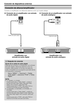 Page 20
Conexión de dispositivos externos
DIGITAL AUDIO IN AUX1 IN L 
R AUX OUT  L 
R 
Conexión de un amplificador con entrada 
de audio analógicaEConexión de un amplificador con entrada 
de audio digitalE
Conexión de altavoz/amplificador
Conecte un amplificador con altavoces externos como se muestra debajo.
Después de conectar
Ajuste de la salida de audio digital
Después de conectar un amplificador con entrada 
de audio digital y altavoces externos como se 
muestra, debe ajustar un formato de salida de 
audio...