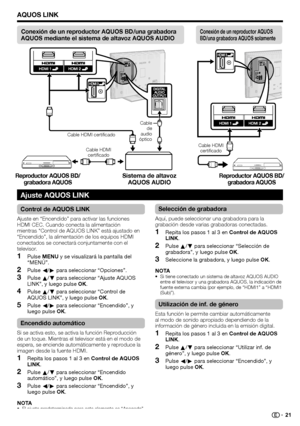 Page 23
AQUOS LINK
Control de AQUOS LINK
Ajuste en “Encendido” para activar las funciones 
HDMI CEC. Cuando conecta la alimentación 
mientras “Control de AQUOS LINK” está ajustado en 
“Encendido”, la alimentación de los equipos HDMI 
conectados se conectará conjuntamente con el 
televisor.Pulse  MENU  y se visualizará la pantalla del 
“MENÚ”.
Pulse  c/d  para seleccionar “Opciones”.
Pulse  a/b  para seleccionar “Ajuste AQUOS 
LINK”, y luego pulse  OK.
Pulse  a/b  para seleccionar “Control de 
AQUOS LINK”, y...