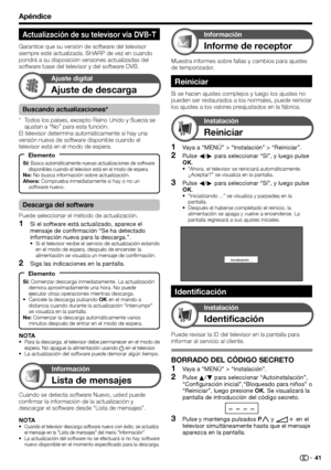 Page 43
Apéndice
Ajuste de descarga
Ajuste digital
Lista de mensajes
Información
Vaya a “MENÚ” > “Instalación” > “Reiniciar”.
Pulse c/d  para seleccionar “Sí”, y luego pulse 
OK .
“Ahora, el televisor se reiniciará automáticamente. 
¿Aceptar?” se visualiza en la pantalla.
Pulse  c/d  para seleccionar “Sí”, y luego pulse 
OK .
“Inicializando ...” se visualiza y parpadea en la 
pantalla.
Después el haberse completado el reinicio, la 
alimentación se apaga y vuelve a encenderse. La 
pantalla regresará a sus...