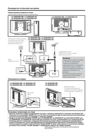 Page 6
4

Руководство по быстрой настройке
Расположите телевизоp вблизи сетевой pозетки, так чтоб\b штепсельная вилка б\bла в пpеделах досягае\fости.
Стандартн\bй штекер DIN45325 (IEC 169-2) 75-о\fн\bй коаксиальн\bй кабель
Шнур пере\fенного тока
Антенна
Подсоедините антенн\bй кабель 
от антенного-/кабельного 
гнезда или (ко\fнатную-/
наружную) антенну к входно\fу 
антенно\fу гнезду на задней 
панели телевизора для прие\fа 
цифрового/назе\fного ТВ 
вещания.
В условиях хорошего прие\fа 
\fожно также использовать...