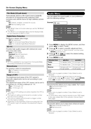 Page 1919
Film Mode (3:2 pull-down)
Automatically detects a  lm-based source (originally 
encoded at 24 frames/second), analyzes it then 
recreates each still  lm frame for high-de nition picture 
quality.
On:  Detects, analyzes, converts  lm source.
Off:  Normal viewing mode. 
Film Mode does not function when you set the AV Mode 
to Game. 
Film Mode is not selectable when channel display shows 
an input resolution of 480P or 720P.
Digital Noise Reduction
Produces a clearer video image.
Off:  No adjustment...