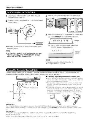Page 77
Using the Remote Control UnitUse the remote control unit by pointing it towards the remote control se\
nsor on the TV. Objects between the 
remote control unit and the remote control sensor may prevent proper ope\
ration.
30º 30º30º
30º
17´ (5 m)
Remote Control sensor
■ 
Cautions regarding the remote control unit Do not expose the remote control unit to shock. In addition, 
do not expose the remote control unit to liquids, and do not 
place in an area with high humidity.
 Do not install or place the...
