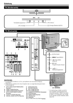 Page 6
Einleitung
TV (Vorderseite)
16
2 
1 3 
7 8 9 10 
4 5 6 
13 12 
11 
14 
15 
EXT4 (ANALOGUE RGB/AUDIO)-
Buchsen*
HDMI1 (HDMI)-Buchse
HDMI2 (HDMI/AUDIO)-Buchsen*
EXT3 (COMPONENT/AUDIO)-
Buchsen
OUTPUT (AUDIO)-Buchsen
DIGITAL AUDIO OUTPUT-Buchse
1
2
3
4
5
6
TV (Rückseite)
Antennenbuchse
RS-232C-Buchse
EXT1 (RGB)-Buchse
EXT2 (RGB)-Buchse
COMMON INTERFACE-Steckplatz
EXT8-Buchsen
HDMI3 (HDMI)-Buchse
USB-Buchse
Kopfhörer
AC INPUT-Buchse (Netzeingang)
7
8
9
10
11
12
13
14
15
16
WARNUNG:Ein übermäßiger...