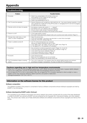 Page 27Appendix
Troubleshooting
Problem Possible Solution
No power. •
Check if you pressed B on the remote control unit.
If the indicator on the TV lights up red, press B.
Is the AC cord disconnected?
Check if you pressed a on the TV. •
•
•
The TV cannot be operated. • External influences such as lightning, static electricity, etc., may cause improper operation. In this 
case, operate the TV after first turning off the power, or unplugging the AC cord and re-plugging 
it in after one or two minutes. •
Remote...