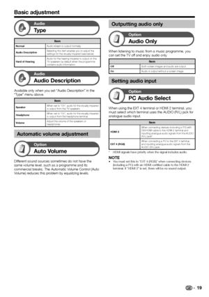 Page 21
 19
Basic adjustment
Type
Audio
ItemNormalAudio stream is output normally.
Audio Description Selecting this item enables you to adjust the 
settings for the visually impaired (see below).
Hard of Hearing Audio for the hearing impaired is output on the 
TV speakers by default when the programme 
contains audio information.
Audio Description
Audio
Available only when you set “Audio Description” in the 
“Type” menu above.
Item
Speaker
When set to “On”, audio for the visually impaired 
is output from the TV...