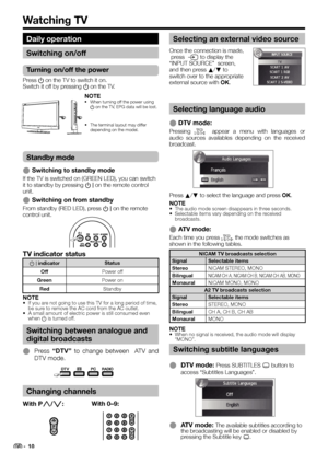 Page 12Watching TV
Selecting language audio
  EDTV mode:
Pressing 2  appear a menu with languages or 
audio sources availables depending on the received 
broadcast.
Press a/b to select the language and press OK.
NOTE
•  The audio mode screen disappears in three seconds.
•  Selectable items vary depending on the received 
broadcasts.
  EATV mode:
Each time you press 2, the mode switches as 
shown in the following tables.
NICAM TV broadcasts selection
Signal Selectable items
Stereo
NICAM STEREO, MONO
Bilingual...