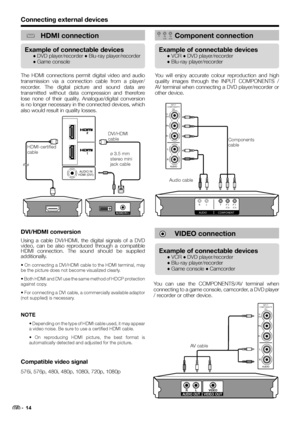 Page 16Connecting external devices
HDMI connection
The HDMI connections permit digital video and audio 
transmission via a connection cable from a player/
recorder. The digital picture and sound data are 
transmitted without data compression and therefore 
lose none of their quality. Analogue/digital conversion 
is no longer necessary in the connected devices, which 
also would result in quality losses.
DVI/HDMI conversion
Using a cable DVI/HDMI, the digital signals of a DVD 
video, can be also reproduced...