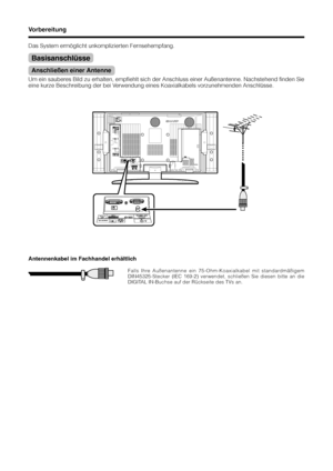 Page 1210
Das System ermöglicht unkomplizierten Fernsehempfang.
Basisanschlüsse
Anschließen einer Antenne
Um ein sauberes Bild zu erhalten, empfiehlt sich der Anschluss einer Außenantenne. Nachstehend finden Sie
eine kurze Beschreibung der bei Verwendung eines Koaxialkabels vorzunehmenden Anschlüsse.
Vorbereitung
Antennenkabel im Fachhandel erhältlich
Falls Ihre Außenantenne ein 75-Ohm-Koaxialkabel mit standardmäßigem
DIN45325-Stecker (IEC 169-2) verwendet, schließen Sie diesen bitte an die
DIGITAL IN-Buchse...