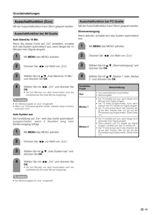 Page 3331
Wählen Sie mit c/d „Ein“ und drücken Sie
OK.
•Ab fünf Minuten vor dem Ausschalten wird die
verbleibende Zeit jede Minute angezeigt.
3
4
HINWEIS
• Als Werksvorgabe ist „Aus“ eingestellt.
• Wenn ein Fernsehprogramm endet, arbeitet diese Funktion
eventuell nicht.
Drücken Sie c/d zur Wahl von „Eco“.2
Mit MENU das MENÜ aufrufen.1
Auto System aus
Bei Einstellung auf „Ein“ wird das Gerät automatisch
ausgeschaltet, wenn 3 Stunden lang kein
Bedienvorgang erfolgt.
Wählen Sie mit c/d „Ein“ und drücken Sie
OK....