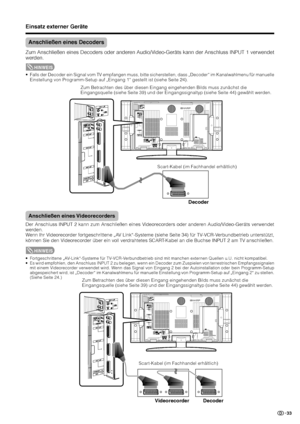 Page 3533
Decoder
Scart-Kabel (im Fachhandel erhältlich)
Anschließen eines Decoders
Zum Anschließen eines Decoders oder anderen Audio/Video-Geräts kann der Anschluss INPUT 1 verwendet
werden.
Videorecorder
Scart-Kabel (im Fachhandel erhältlich)
Decoder
Anschließen eines Videorecorders
Der Anschluss INPUT 2 kann zum Anschließen eines Videorecorders oder anderen Audio/Video-Geräts verwendet
werden.
Wenn Ihr Videorecorder fortgeschrittene „AV Link“-Systeme (siehe Seite 34) für TV-VCR-Verbundbetrieb unterstützt,...