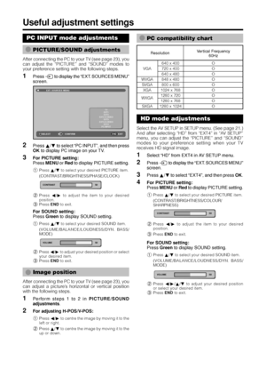 Page 2624
PC INPUT mode adjustments
TitleBUseful adjustment settings
E
PICTURE/SOUND adjustments
After connecting the PC to your TV (see page 23), you
can adjust the “PICTURE” and “SOUND” modes to
your preference setting with the following steps.
1Press b to display the “EXT. SOURCES MENU”
screen.
EXT. SOURCES MENU
TV
EXT1
EXT2
EXT2 S-VIDEO
EXT3
EXT3 S-VIDEO
EXT4
PC INPUT
SELECTEXITCONFIRM
2Press a/b to select “PC INPUT”, and then press
OK to display PC image on your TV.
3For PICTURE setting:
Press MENU or Red...