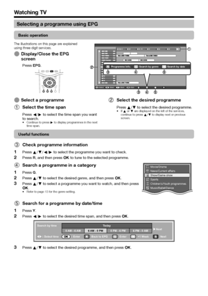 Page 1614
Selecting a programme using EPG
Basic operation
The illustrations on this page are explained 
using three digit services.
Display/Close the EPG 
screen
Press EPG.
E
SelectEnterBackExit
AMPM
Programme info. Search by genre Search by date
Select a programmeSelect the time span
Press c/d to select the time span you want 
to search.
Continue to press d to display programmes in the next 
time span.
E
1
•
Select the desired programme
Press a/b to select the desired programme.If a or b are displayed on the...