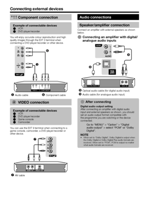 Page 2018
YPB
(CB)PR
(CR)Component connection
Example of connectable devicesVCR
DVD player/recorder
E
E
You will enjoy accurate colour reproduction and high 
quality images through the EXT 3 terminal when 
connecting a DVD player/recorder or other device.
YPB(CB)
L
RPR(CR)COMPONENT
AUDIO
 
Audio cableComponent cable
VIDEO connection
Example of connectable devicesVCR
DVD player/recorder
Game console
Camcorder
E
E
E
E
You can use the EXT 9 terminal when connecting to a 
game console, camcorder, a DVD...