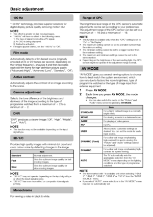 Page 2624
100 Hz
“100 Hz” technology provides superior solutions for 
digital display picture quality removing motion blur.
NOTEThis effect is greater on fast moving images.
“100 Hz” will have no effect in the following cases.
1) The type of signal received is a PC signal.
2) An OSD is being displayed.
3) Teletext is activated.
If images appear blurred, set the “100 Hz” to “Off”.
Film mode
Automatically detects a film-based source (originally 
encoded at 24 or 25 frames per second, depending on 
the vertical...