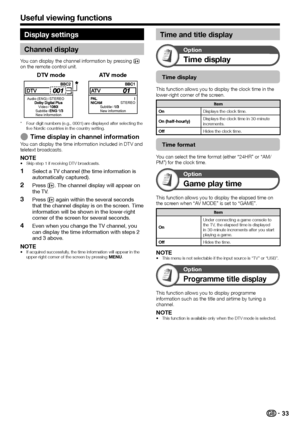 Page 3533
Display settings
Channel display
You can display the channel information by pressing p 
on the remote control unit.
DTV modeATV mode
Audio (ENG) STEREO
Video
Subtitle New informationSTEREO
Subtitle New information
Four digit numbers (e.g., 0001) are displayed after selecting the 
five Nordic countries in the country setting.
Time display in channel informationYou can display the time information included in DTV and 
teletext broadcasts.
NOTESkip step 1 if receiving DTV broadcasts.
Select a TV channel...