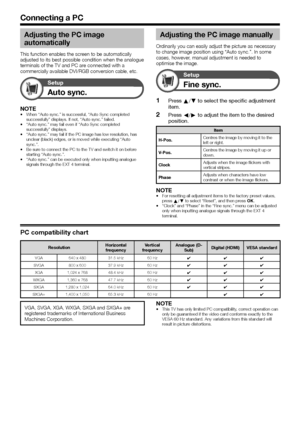 Page 4038
Adjusting the PC image 
automatically
This function enables the screen to be automatically 
adjusted to its best possible condition when the analogue 
terminals of the TV and PC are connected with a 
commercially available DVI/RGB conversion cable, etc.
Setup
Auto sync.
NOTEWhen “Auto sync.” is successful, “Auto Sync completed 
successfully” displays. If not, “Auto sync.” failed.
“Auto sync.” may fail even if “Auto Sync completed 
successfully” displays.
“Auto sync.” may fail if the PC image has low...