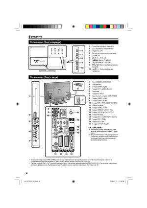 Page 74
Телевизор (Вид спереди)
2345
6
1
7
8
9
10
Синий светодиодный индикатор
B (Индикатор Ожидание/Вкл)
Индикатор OPC
Датчик дистанционного управления
Датчик OPC
a (Кнопка Питание)
@ (Кнопка ТВ МЕНЮ)
b (Кнопка ИСТ. ВВОДА)
:r/s (Кнопки выбора программы 
[канала])
i+/- (Кнопки регулировки 
громкости) 1
2
3
4
5
6
7
8
9
10
Телевизор (Вид сзади)
1
2
6
8
11
12
14
13
15
16171819
9
10
3
4
5
7*1
*2
Слот COMMON INTERFACE
USB-разъем
Гнездо HDMI 4 (HDMI)
Гнезда EXT 9 (VIDEO/AUDIO)
Наушники
Гнездо AC INPUT
Выключатель...