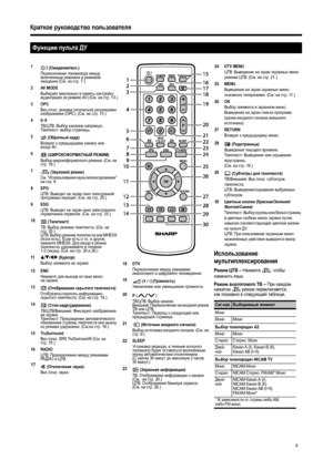 Page 8
6
Краткое руководство  пользователя
Использование  
мультиплексирования
Режим  ЦТВ  – Нажмите  , чтобы 
изменить  язык .
Режим  аналогового  ТВ  – При  каждом  
нажатии   режим  переключается , 
как показано  в  следующей  таблице
.
Функции  пульта  ДУ
1
 (Ожидание /вкл .)
Переключение  телевизора  между  
включенным  режимом  и  режимом  
ожидания  (См . на  стр .7.)
2AV MODE
Выбирает  внесенную  в  память  настройку  
аудио /видео  (в режиме  AV )  (См. на  стр . 13.)
3OPC
Вкл ./откл . режима...