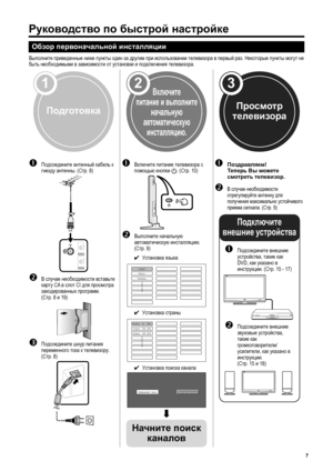 Page 9
Руководство по  быстрой  настройке
Обзор  первоначальной  инсталляции
Выполните  приведенные  ниже  пункты  один  за  другим  при  использовании  телевизора  в  первый  раз . Некоторые  пункты  могут  не  
быть  необходимыми  в  зависимости  от  установки  и  подключения  телевизора .
Подготовка
n Подсоедините  антенный  кабель  к  
гнезду  антенны . (Стр . 8)
o В случае  необходимости  вставьте  
карту  CA в слот  CI для  просмотра  
закодированных  программ . 
( Стр . 8 и 19)
p  Подсоедините  шнур...